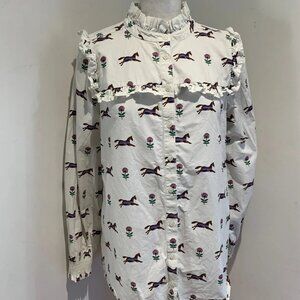 JOULES ruffle Cotton Frill Blouse Size 12 VGC horse pattern print country cute